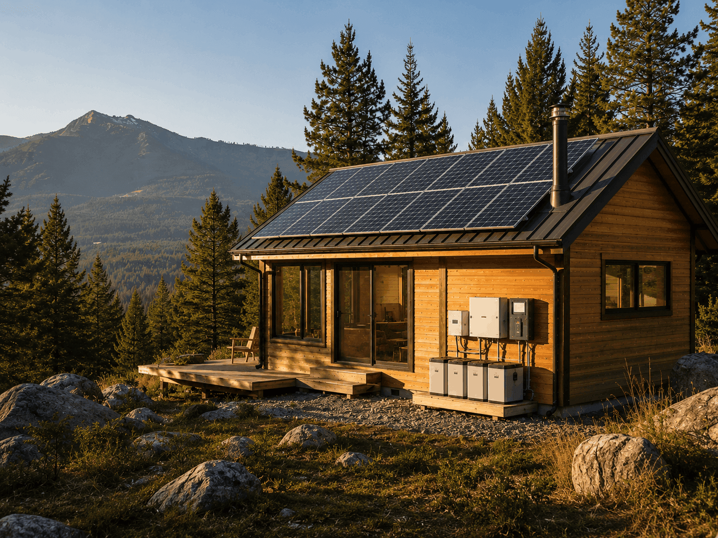 Off-grid solar cabin with rooftop solar panels and battery storage system