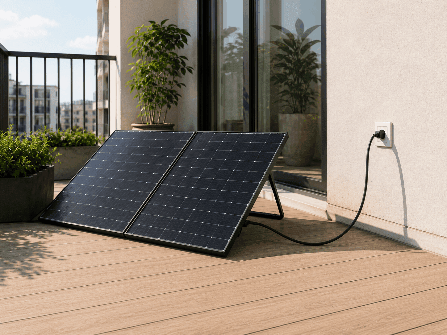 Plug-in solar panel on an apartment balcony with New York skyline view